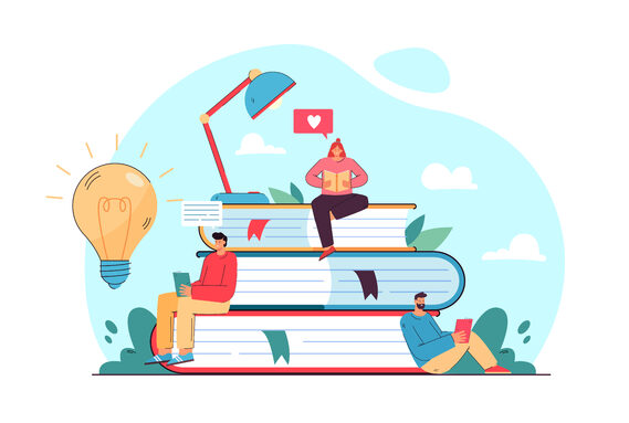 Tiny student sitting on book pile and reading.jpg